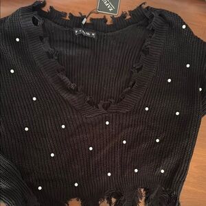 Zagul Black Distressed Sweater with Pearl Accents one size oversized sweater